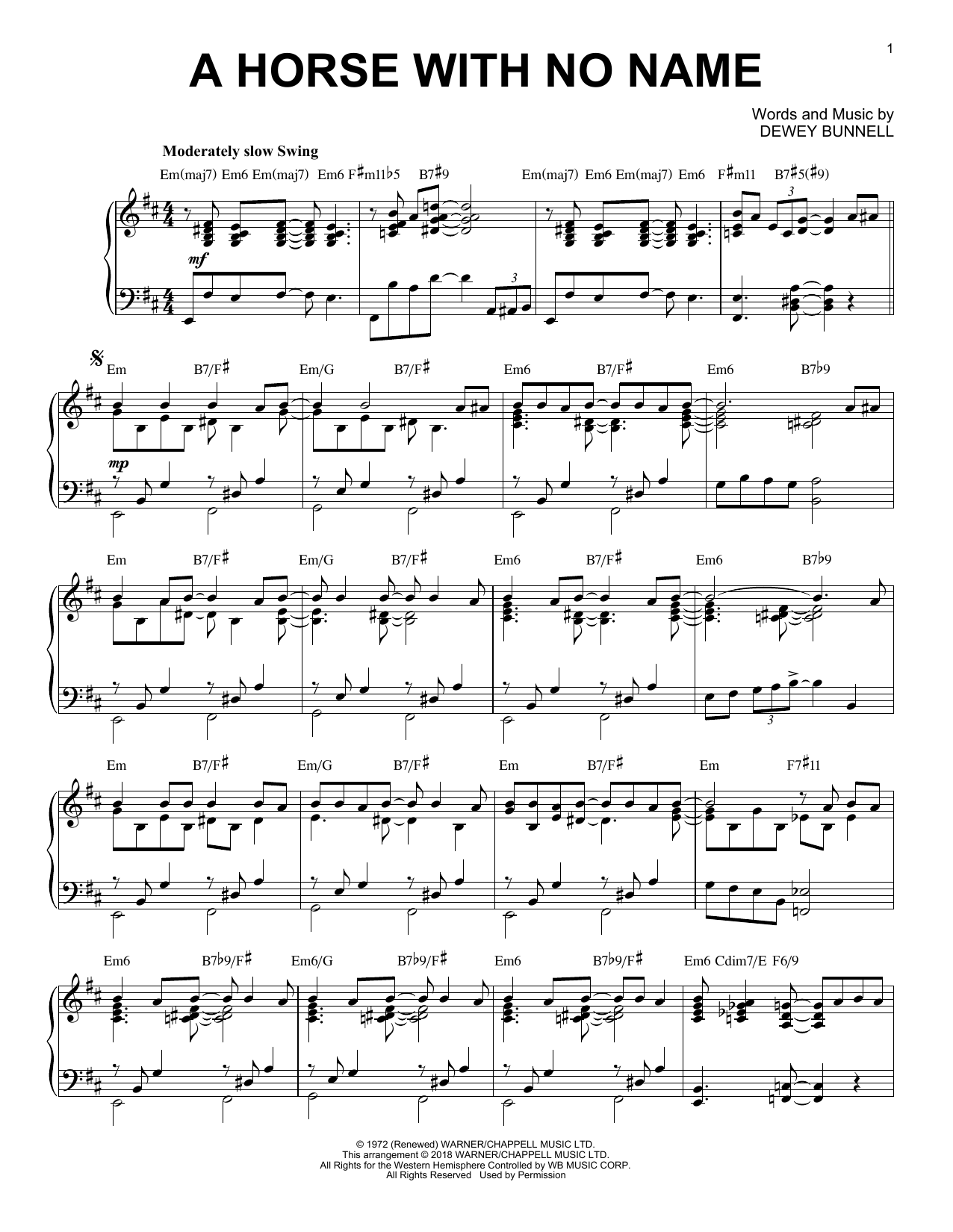 America A Horse With No Name [Jazz version] sheet music notes and chords. Download Printable PDF.