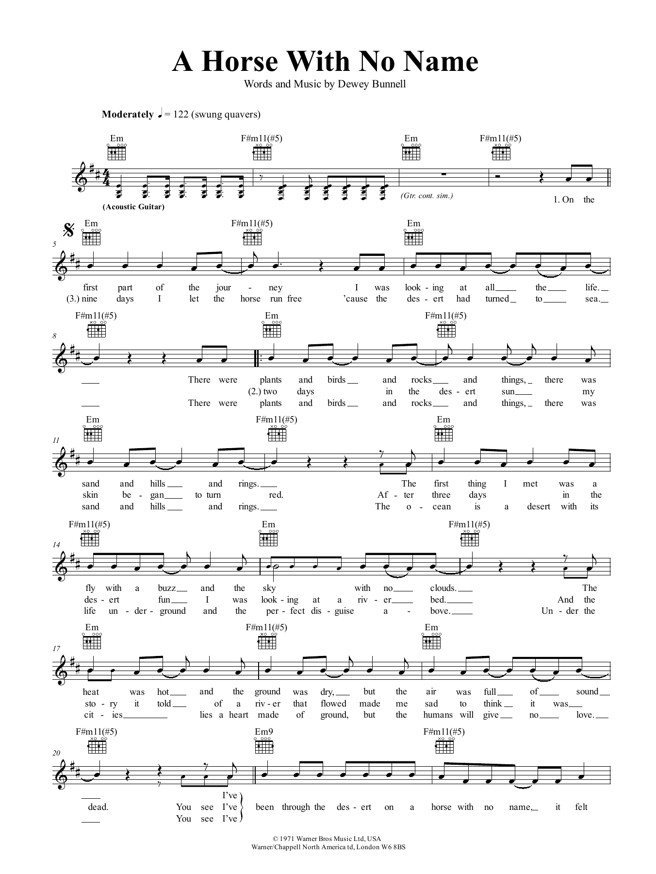 America A Horse With No Name sheet music notes and chords. Download Printable PDF.