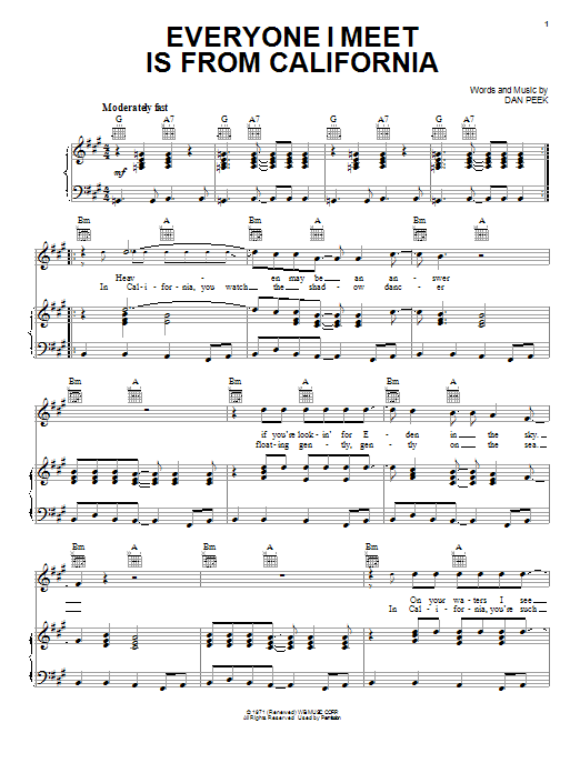Learn to play America Everyone I Meet Is From California sheet music for Piano, Vocal & Guitar Chords (Right-Hand Melody) in minutes. Price: 7.8900$ America Everyone I Meet Is From California sheet music notes and chords arranged for Piano, Vocal & Guitar Chords (Right-Hand Melody)