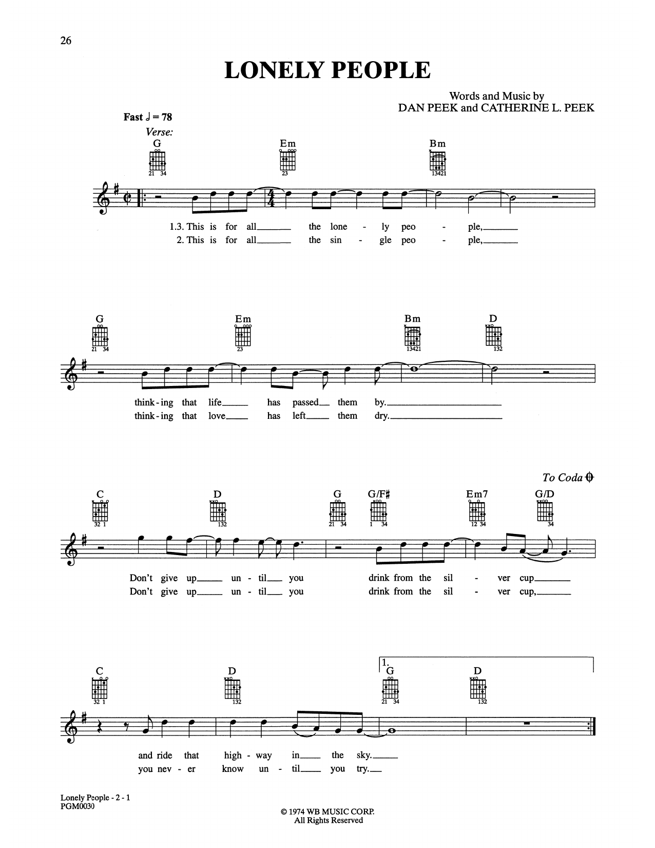 America Lonely People sheet music notes and chords. Download Printable PDF.