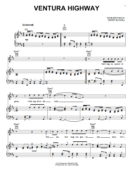 America Ventura Highway sheet music notes and chords. Download Printable PDF.