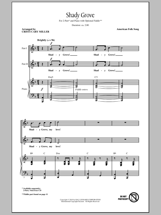 Cristi Cary Miller Shady Grove sheet music notes and chords. Download Printable PDF.