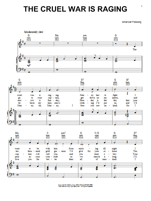 Traditional American Folksong The Cruel War Is Raging sheet music notes and chords. Download Printable PDF.