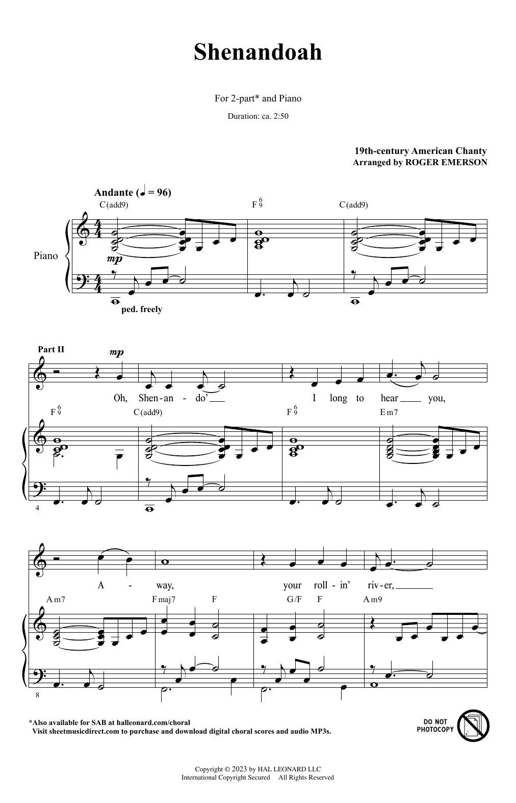 American Folksong Shenandoah (arr. Roger Emerson) sheet music notes and chords. Download Printable PDF.