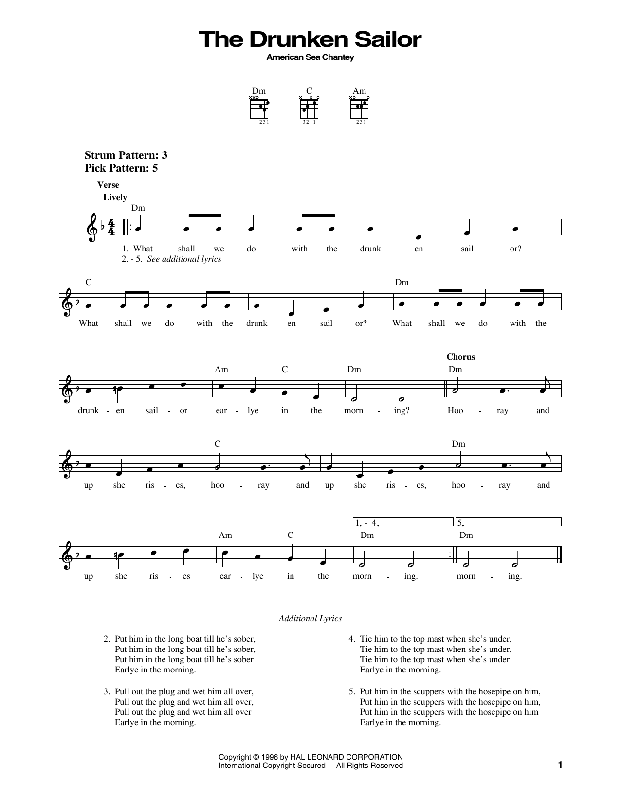 American Sea Chantey The Drunken Sailor sheet music notes and chords. Download Printable PDF.