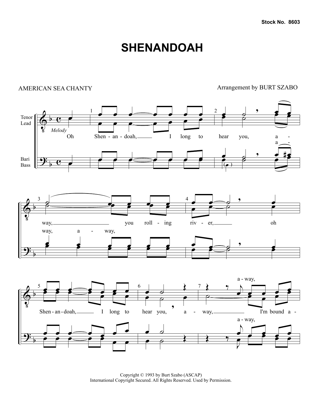 American Sea Chanty Shenandoah (arr. Burt Szabo) sheet music notes and chords. Download Printable PDF.