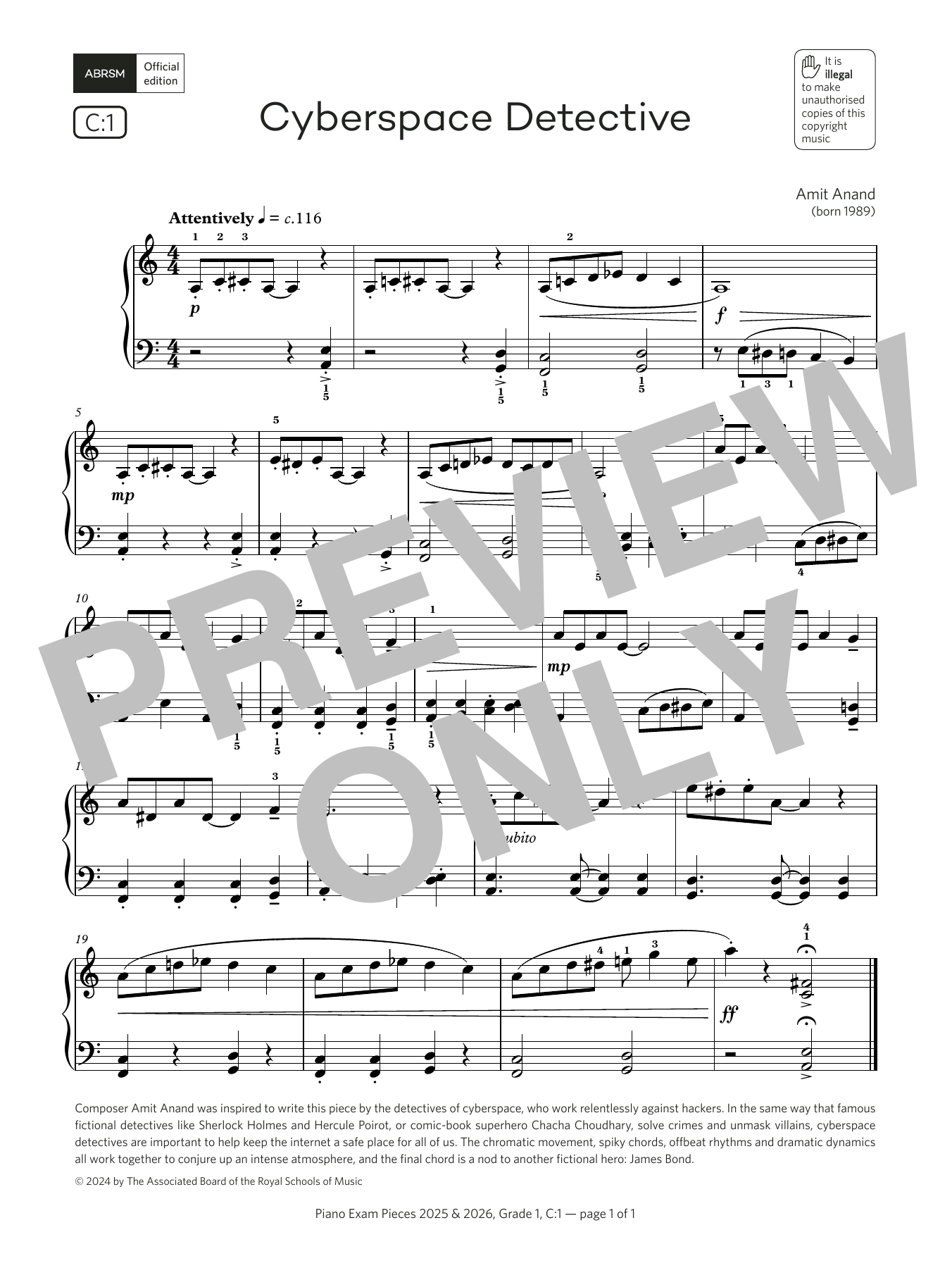 Amit Anand Cyberspace Detective (Grade 1, list C1, from the ABRSM Piano Syllabus 2025 & 2026) sheet music notes and chords. Download Printable PDF.