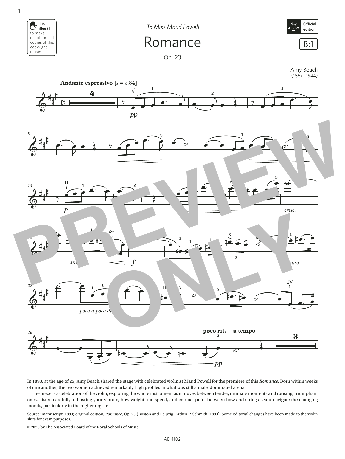 Amy Beach Romance (Grade 8, B1, from the ABRSM Violin Syllabus from 2024) sheet music notes and chords. Download Printable PDF.