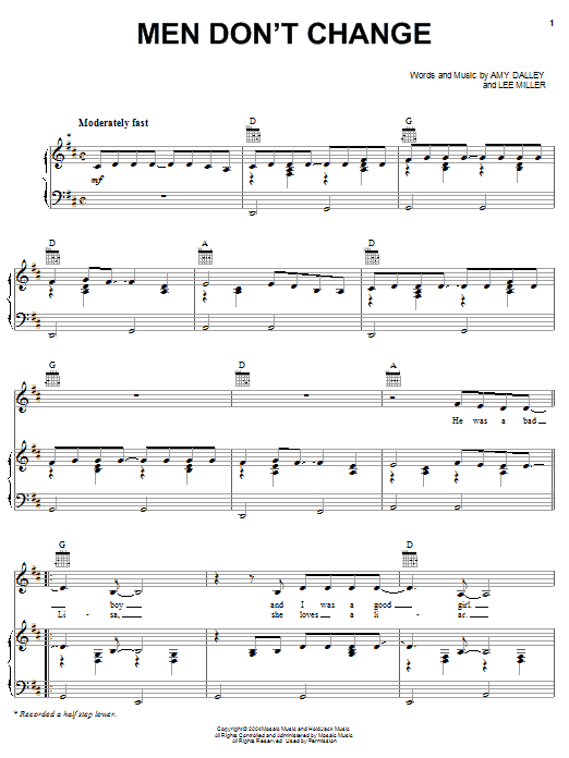 Learn to play Amy Dalley Men Don't Change sheet music for Piano, Vocal & Guitar Chords (Right-Hand Melody) in minutes. Price: 7.8900$ Amy Dalley Men Don't Change sheet music notes and chords arranged for Piano, Vocal & Guitar Chords (Right-Hand Melody)