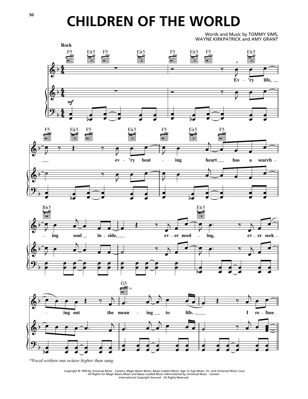 Learn to play Amy Grant Children Of The World sheet music for Piano, Vocal & Guitar Chords (Right-Hand Melody) in minutes. Price: 7.8900$ Amy Grant Children Of The World sheet music notes and chords arranged for Piano, Vocal & Guitar Chords (Right-Hand Melody)