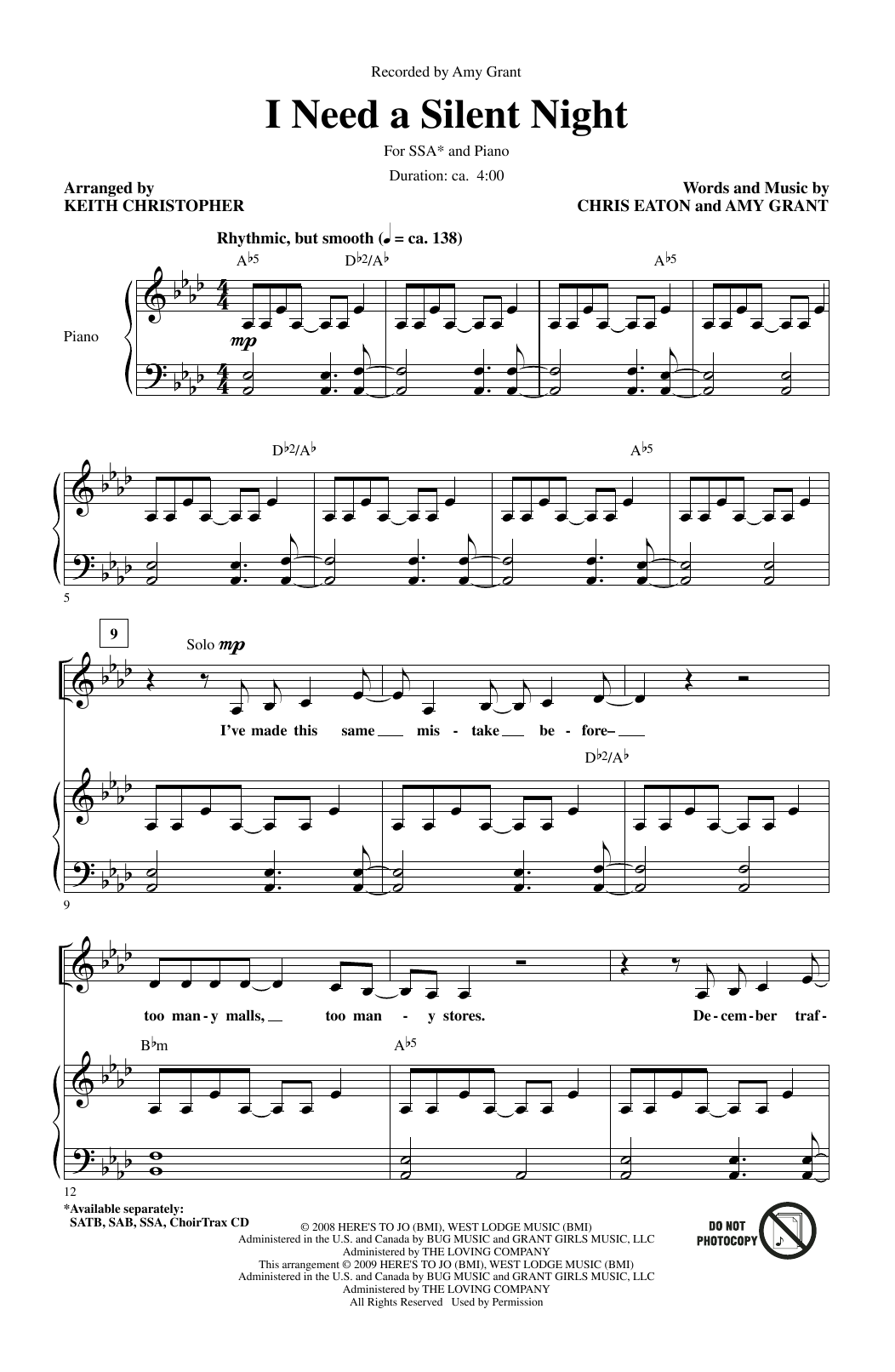 Amy Grant I Need A Silent Night (arr. Keith Christopher) sheet music notes and chords arranged for SAB Choir