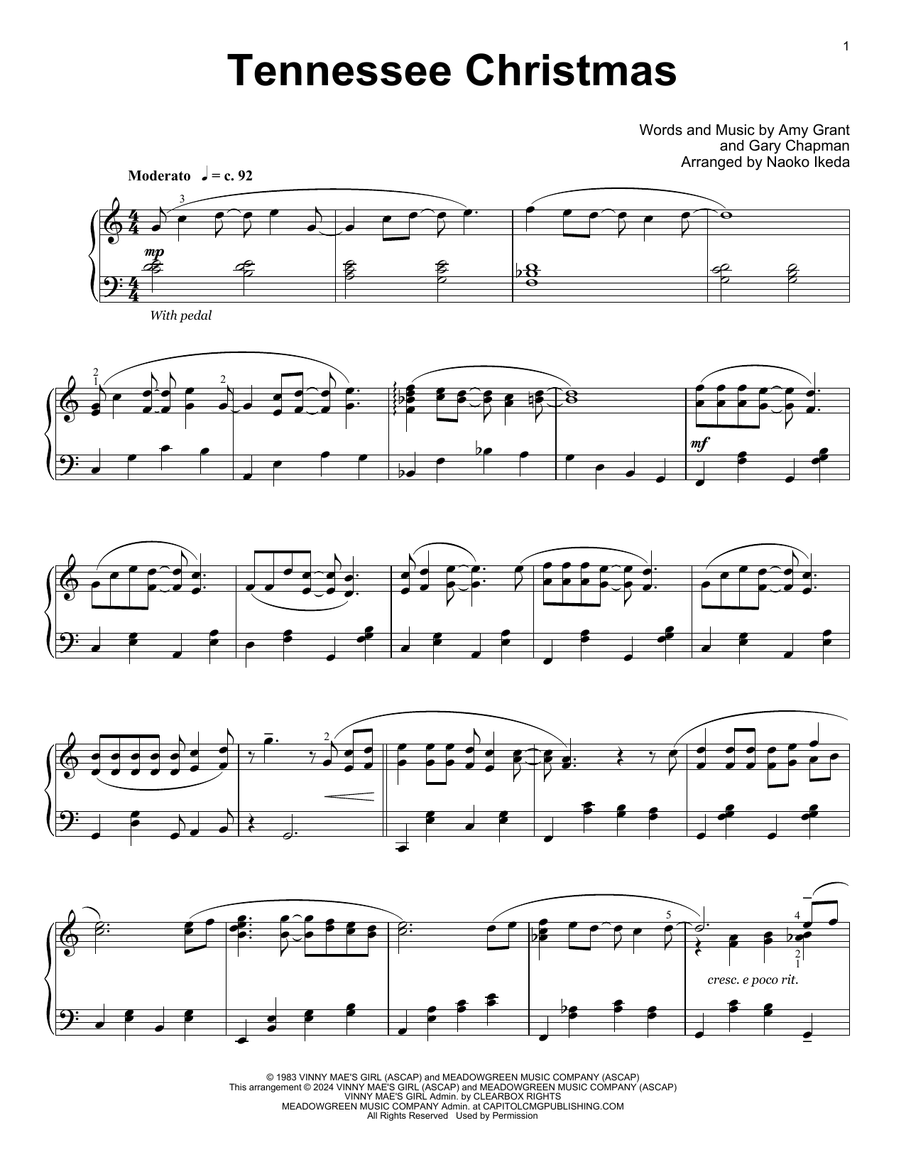 Amy Grant Tennessee Christmas (arr. Naoko Ikeda) sheet music notes and chords. Download Printable PDF.