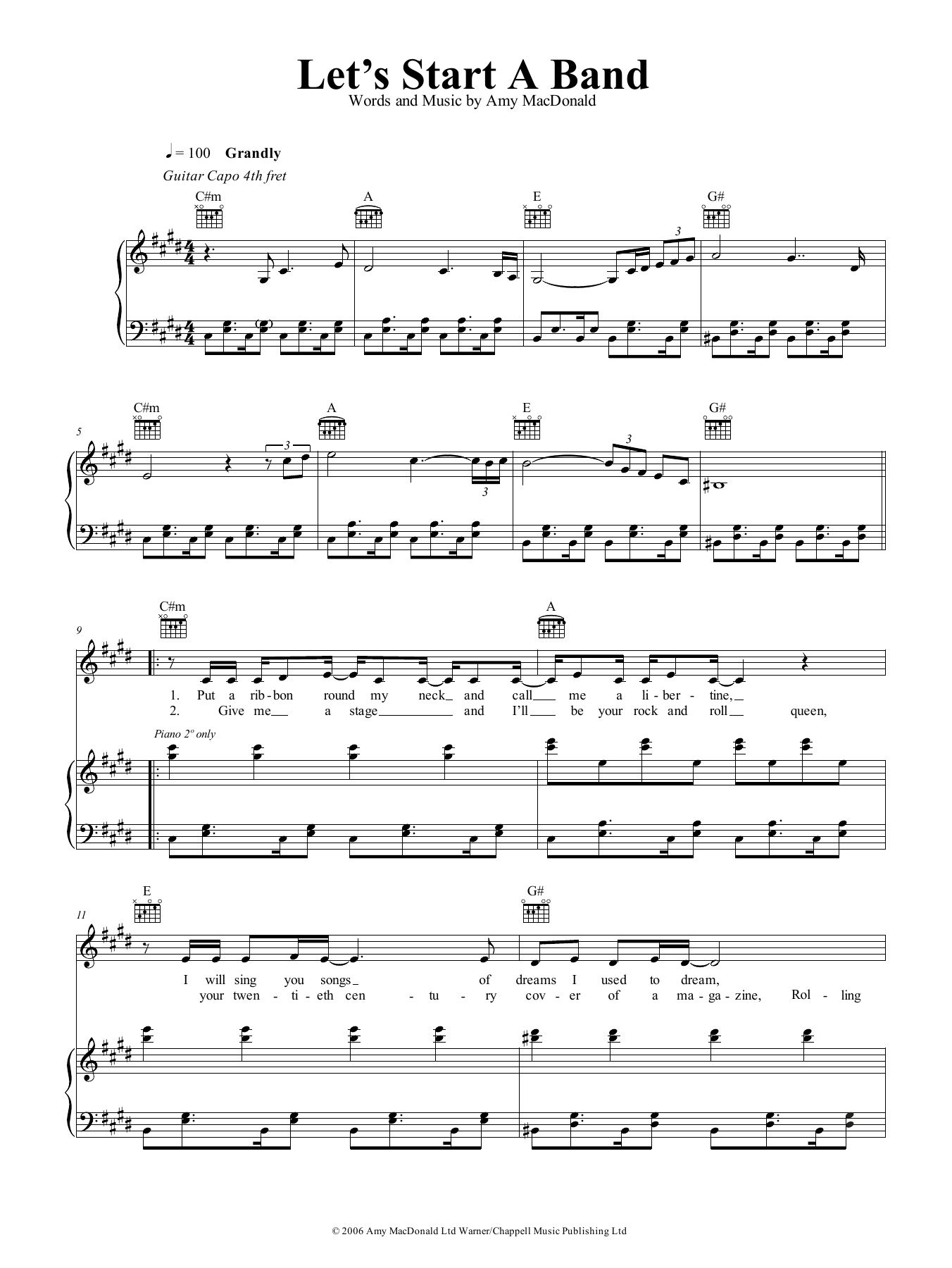 Learn to play Amy MacDonald Let's Start A Band sheet music for Piano, Vocal & Guitar Chords (Right-Hand Melody) in minutes. Price: 6.9900$ Amy MacDonald Let's Start A Band sheet music notes and chords arranged for Piano, Vocal & Guitar Chords (Right-Hand Melody)