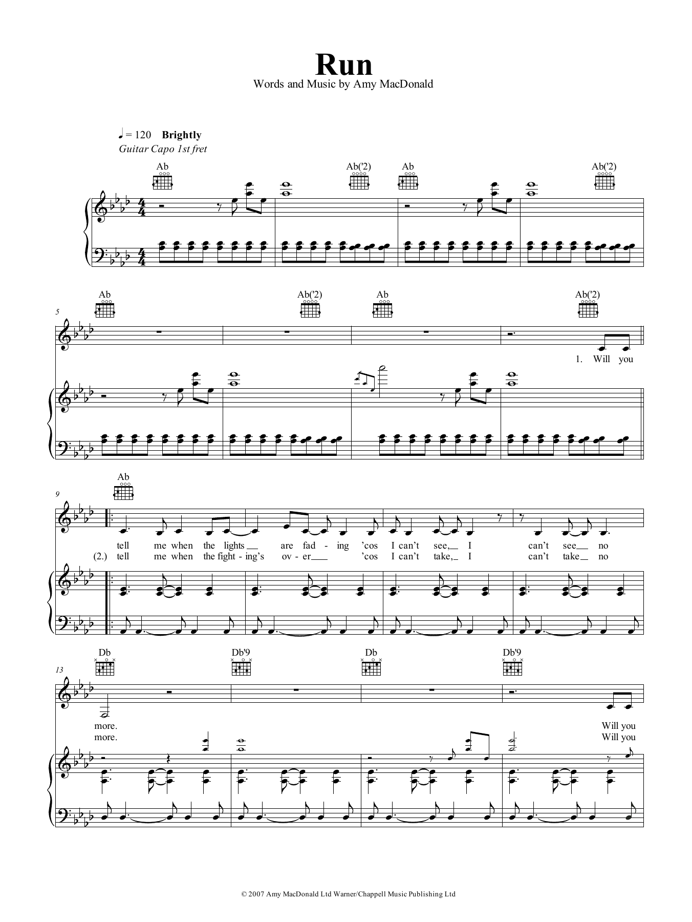 Amy MacDonald Run sheet music notes and chords. Download Printable PDF.