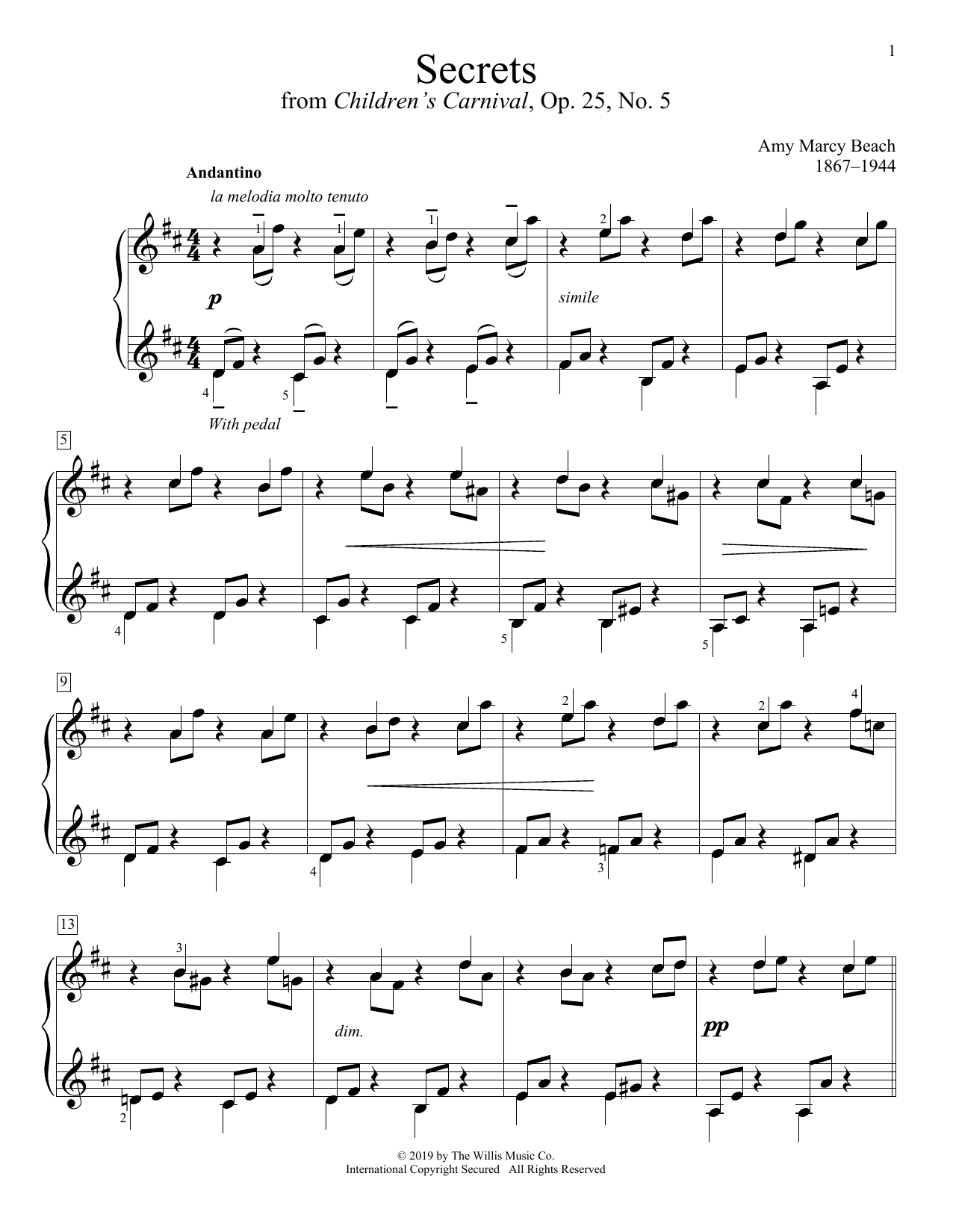 Amy Marcy Beach Secrets sheet music notes and chords. Download Printable PDF.