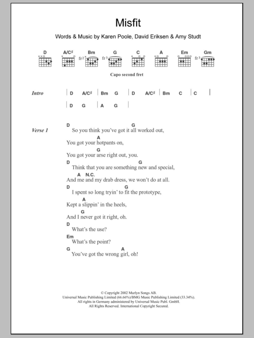 Amy Studt Misfit sheet music notes and chords. Download Printable PDF.