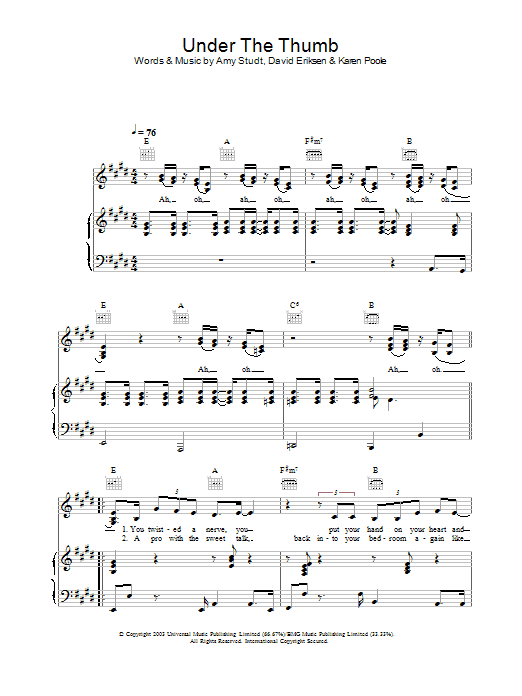 Learn to play Amy Studt Under The Thumb sheet music for Piano, Vocal & Guitar Chords in minutes. Price: 7.8900$ Amy Studt Under The Thumb sheet music notes and chords arranged for Piano, Vocal & Guitar Chords