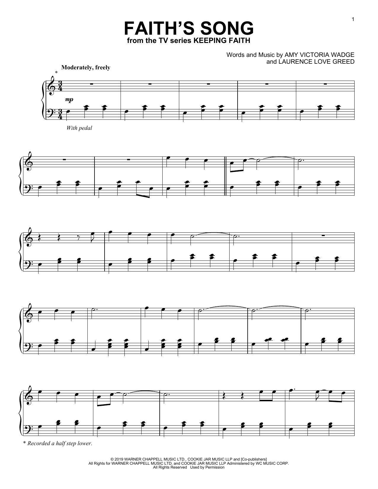 Amy Wadge Faith's Song (arr. Laurence Love Greed) (from the TV series Keeping Faith) sheet music notes and chords. Download Printable PDF.