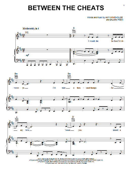 Learn to play Amy Winehouse Between The Cheats sheet music for Piano, Vocal & Guitar Chords (Right-Hand Melody) in minutes. Price: 7.8900$ Amy Winehouse Between The Cheats sheet music notes and chords arranged for Piano, Vocal & Guitar Chords (Right-Hand Melody)