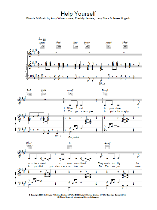 Learn to play Amy Winehouse Help Yourself sheet music for Piano, Vocal & Guitar Chords in minutes. Price: 7.8900$ Amy Winehouse Help Yourself sheet music notes and chords arranged for Piano, Vocal & Guitar Chords