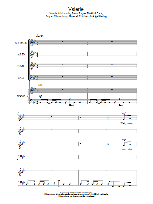 Amy Winehouse Valerie (arr. Jeremy Birchall) sheet music notes and chords. Download Printable PDF.