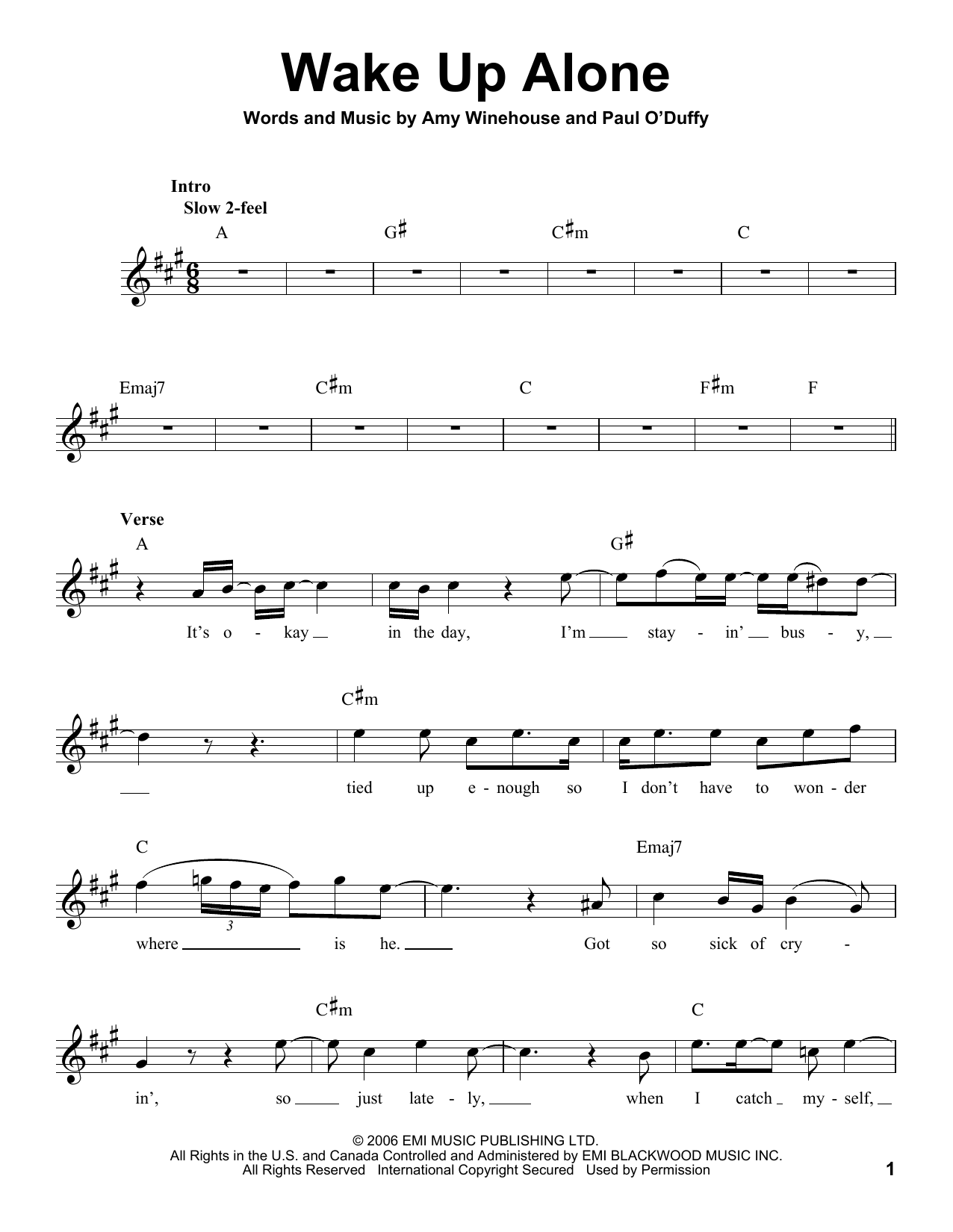 Amy Winehouse Wake Up Alone sheet music notes and chords. Download Printable PDF.