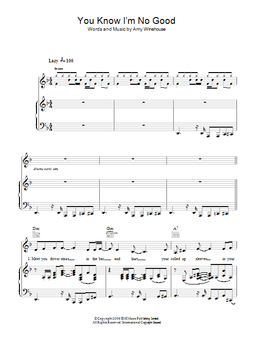 Amy Winehouse You Know I'm No Good sheet music notes and chords. Download Printable PDF.