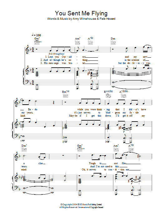 Learn to play Amy Winehouse You Sent Me Flying sheet music for Piano, Vocal & Guitar Chords in minutes. Price: 7.8900$ Amy Winehouse You Sent Me Flying sheet music notes and chords arranged for Piano, Vocal & Guitar Chords