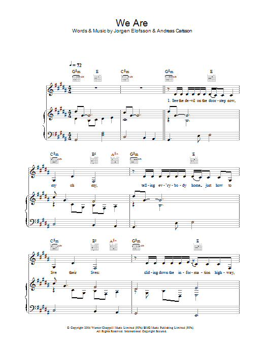 Learn to play Ana Johnsson We Are (from Spider-Man 2) sheet music for Piano, Vocal & Guitar Chords in minutes. Price: 7.8900$ Ana Johnsson We Are (from Spider-Man 2) sheet music notes and chords arranged for Piano, Vocal & Guitar Chords