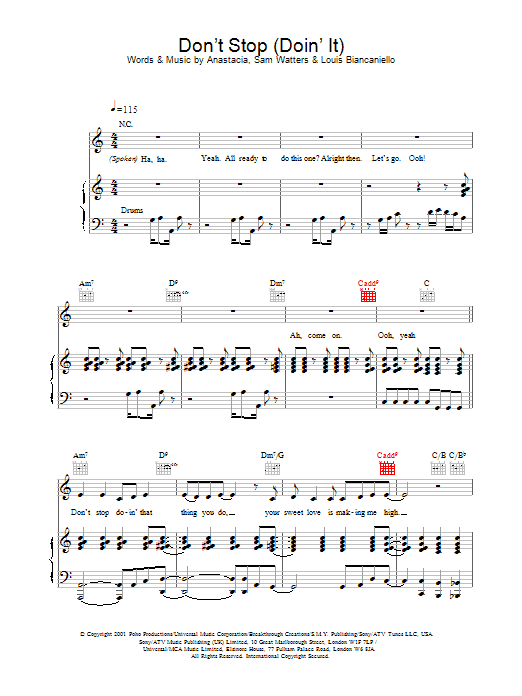 Learn to play Anastacia Don't Stop (Doin' It) sheet music for Piano, Vocal & Guitar Chords in minutes. Price: 7.8900$ Anastacia Don't Stop (Doin' It) sheet music notes and chords arranged for Piano, Vocal & Guitar Chords