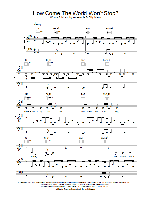 Learn to play Anastacia How Come The World Won't Stop? sheet music for Piano, Vocal & Guitar Chords in minutes. Price: 7.8900$ Anastacia How Come The World Won't Stop? sheet music notes and chords arranged for Piano, Vocal & Guitar Chords