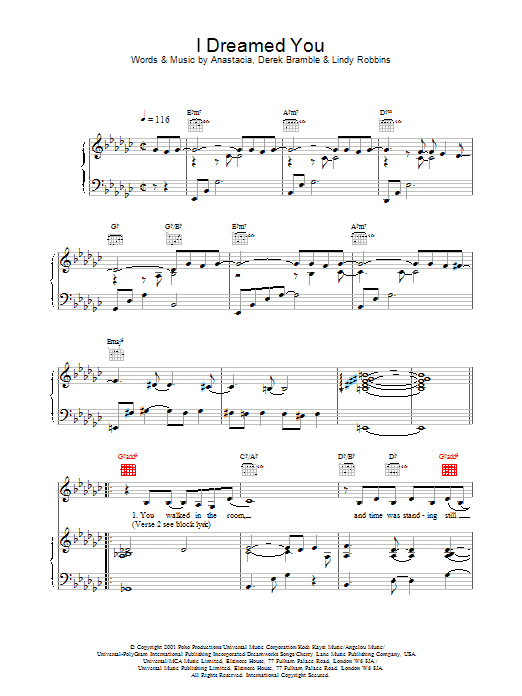 Learn to play Anastacia I Dreamed You sheet music for Piano, Vocal & Guitar Chords in minutes. Price: 7.8900$ Anastacia I Dreamed You sheet music notes and chords arranged for Piano, Vocal & Guitar Chords
