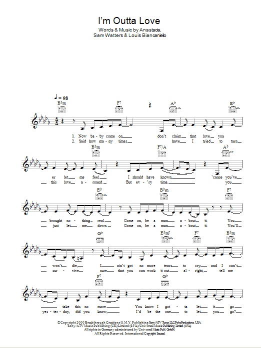 Anastacia I'm Outta Love sheet music notes and chords. Download Printable PDF.