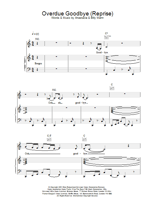 Learn to play Anastacia Overdue Goodbye sheet music for Piano, Vocal & Guitar Chords in minutes. Price: 7.8900$ Anastacia Overdue Goodbye sheet music notes and chords arranged for Piano, Vocal & Guitar Chords