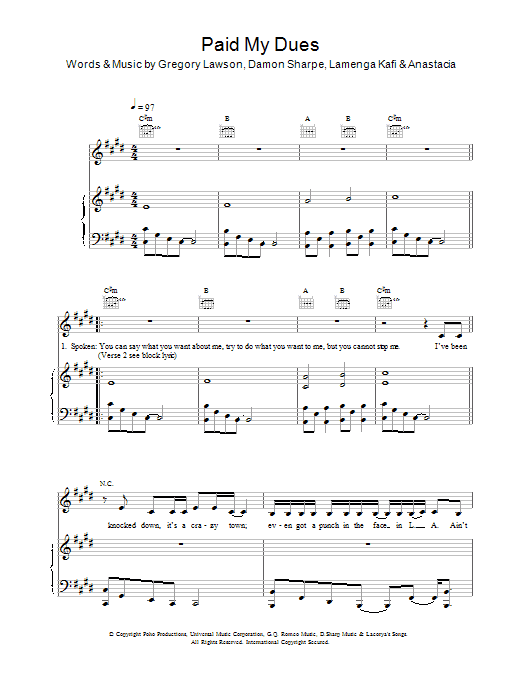 Anastacia Paid My Dues sheet music notes and chords. Download Printable PDF.