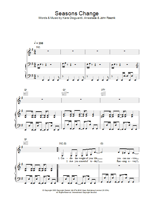 Learn to play Anastacia Seasons Change sheet music for Piano, Vocal & Guitar Chords in minutes. Price: 7.8900$ Anastacia Seasons Change sheet music notes and chords arranged for Piano, Vocal & Guitar Chords