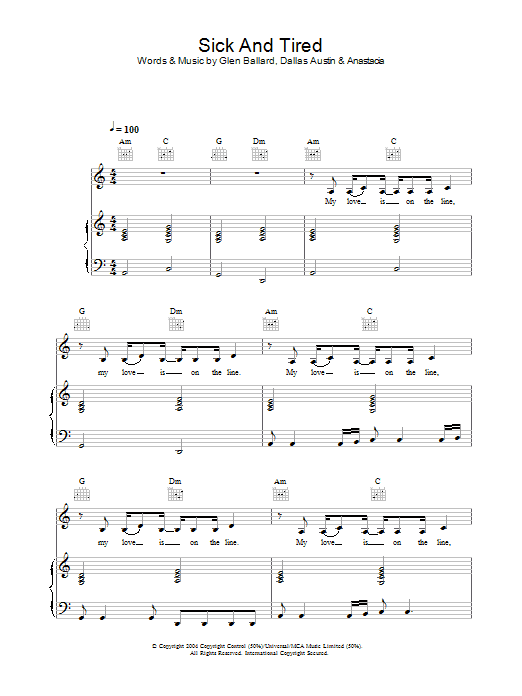 Anastacia Sick And Tired sheet music notes and chords. Download Printable PDF.