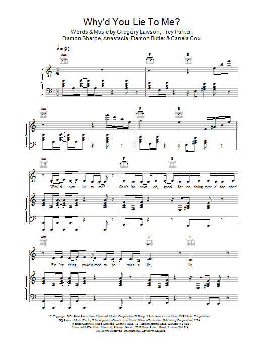 Learn to play Anastacia Why'd You Lie To Me? sheet music for Piano, Vocal & Guitar Chords in minutes. Price: 7.8900$ Anastacia Why'd You Lie To Me? sheet music notes and chords arranged for Piano, Vocal & Guitar Chords