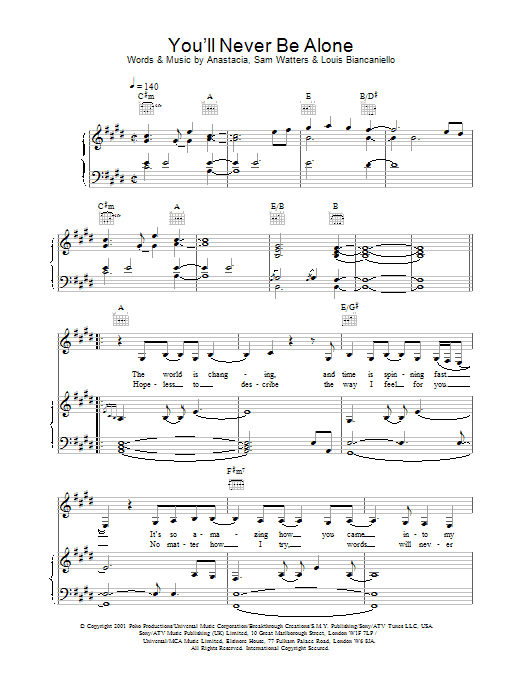 Learn to play Anastacia You'll Never Be Alone sheet music for Piano, Vocal & Guitar Chords in minutes. Price: 7.8900$ Anastacia You'll Never Be Alone sheet music notes and chords arranged for Piano, Vocal & Guitar Chords