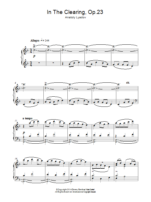 Learn to play Anatoly Lyadov In The Clearing Op. 23 sheet music for Piano Solo in minutes. Price: 7.8900$ Anatoly Lyadov In The Clearing Op. 23 sheet music notes and chords arranged for Piano Solo