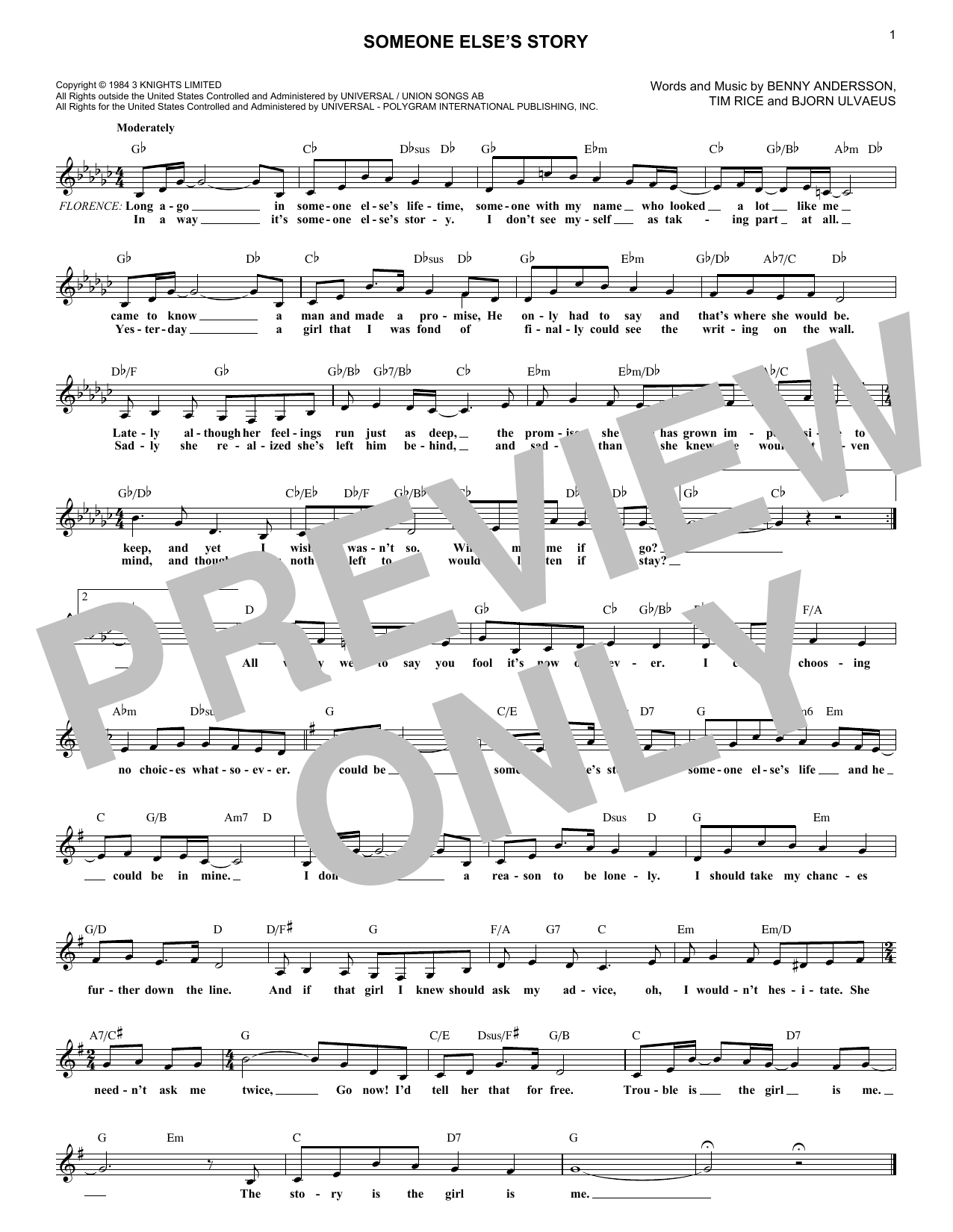 ANDERSSON And ULVAEUS Someone Else's Story (from Chess) sheet music notes and chords. Download Printable PDF.