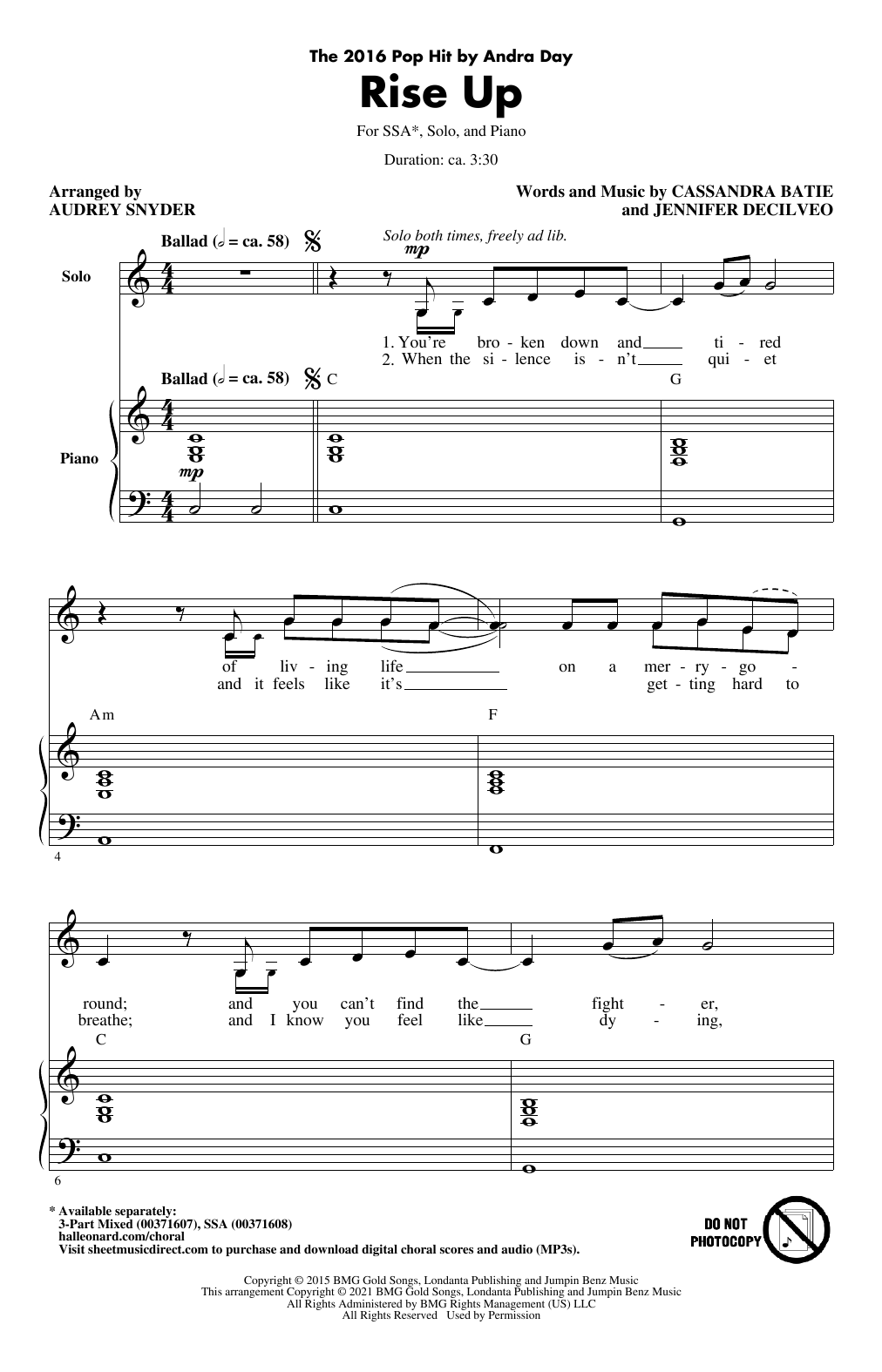 Andra Day Rise Up (arr. Audrey Snyder) sheet music notes and chords. Download Printable PDF.