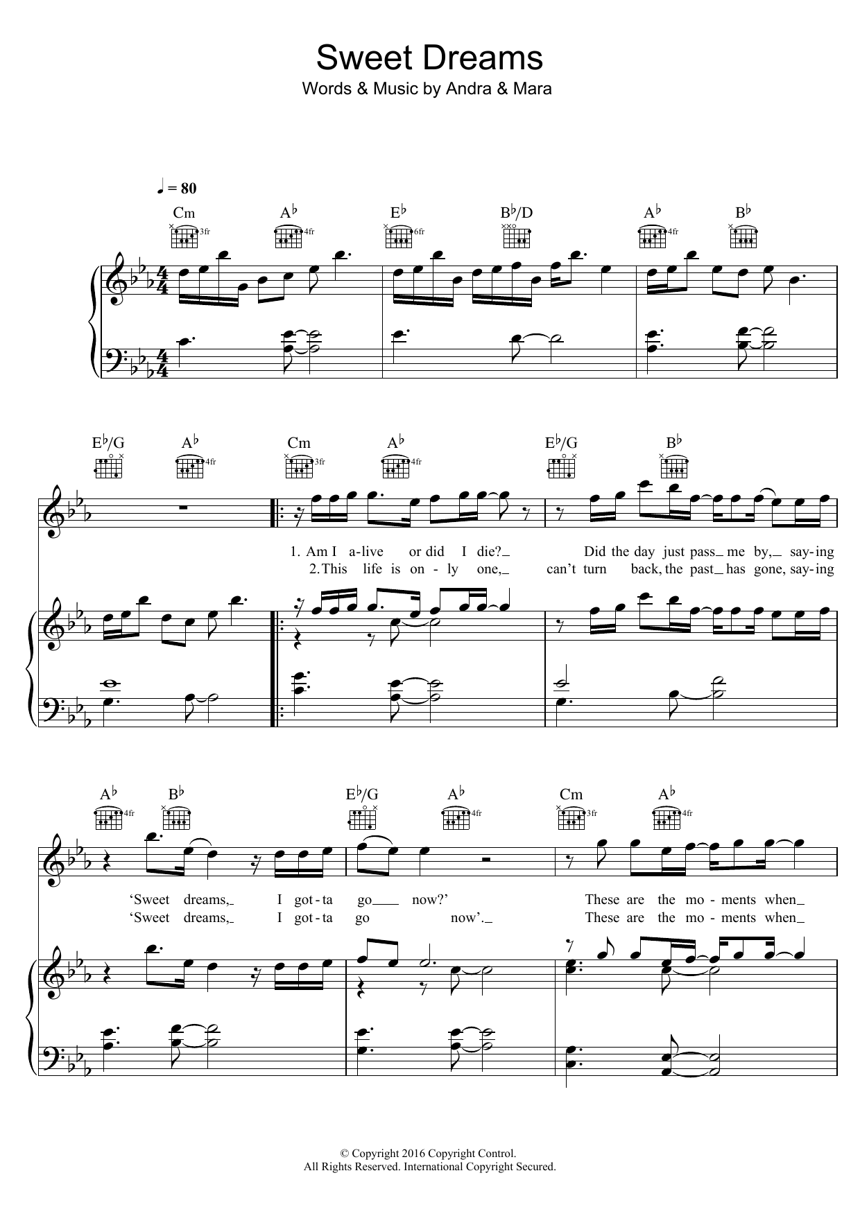 Learn to play Andra & Mara Sweet Dreams sheet music for Piano, Vocal & Guitar Chords in minutes. Price: 7.8900$ Andra & Mara Sweet Dreams sheet music notes and chords arranged for Piano, Vocal & Guitar Chords