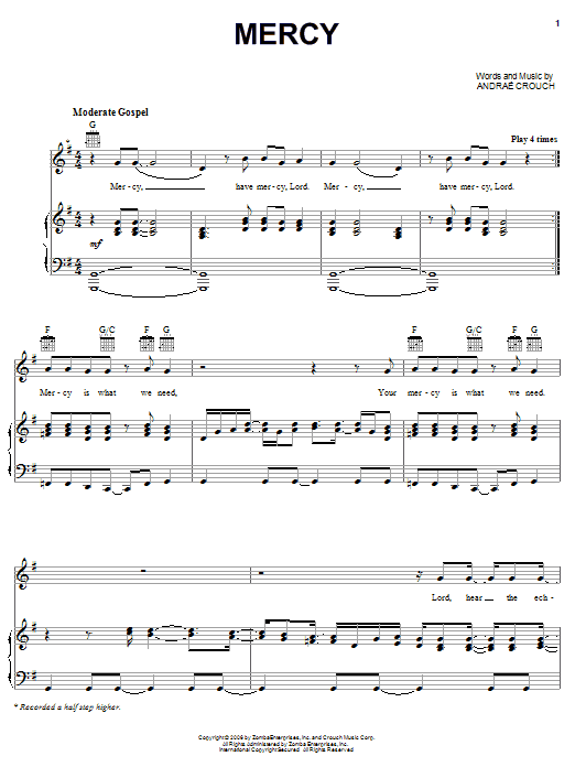 Learn to play Andrae Crouch Mercy sheet music for Piano, Vocal & Guitar Chords (Right-Hand Melody) in minutes. Price: 7.8900$ Andrae Crouch Mercy sheet music notes and chords arranged for Piano, Vocal & Guitar Chords (Right-Hand Melody)