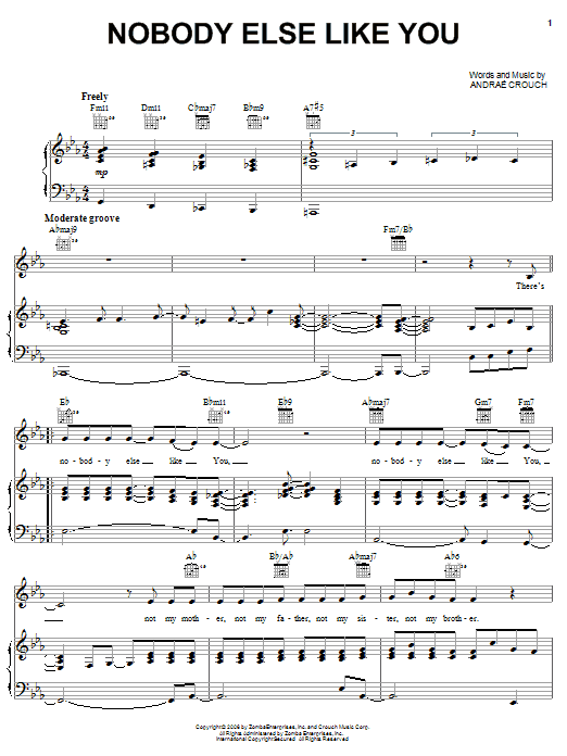 Learn to play Andrae Crouch Nobody Else Like You sheet music for Piano, Vocal & Guitar Chords (Right-Hand Melody) in minutes. Price: 7.8900$ Andrae Crouch Nobody Else Like You sheet music notes and chords arranged for Piano, Vocal & Guitar Chords (Right-Hand Melody)