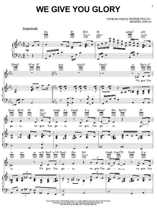 Learn to play Andrae Crouch We Give You Glory sheet music for Piano, Vocal & Guitar Chords (Right-Hand Melody) in minutes. Price: 7.8900$ Andrae Crouch We Give You Glory sheet music notes and chords arranged for Piano, Vocal & Guitar Chords (Right-Hand Melody)