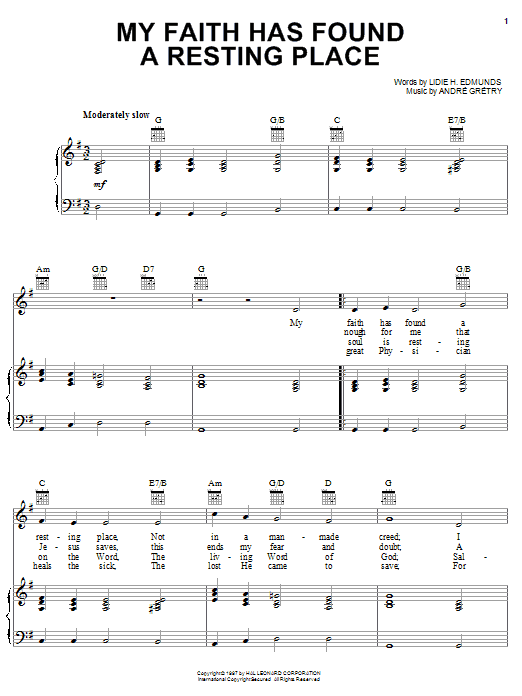 Andre Gretry My Faith Has Found A Resting Place sheet music notes and chords arranged for Piano, Vocal & Guitar Chords (Right-Hand Melody)