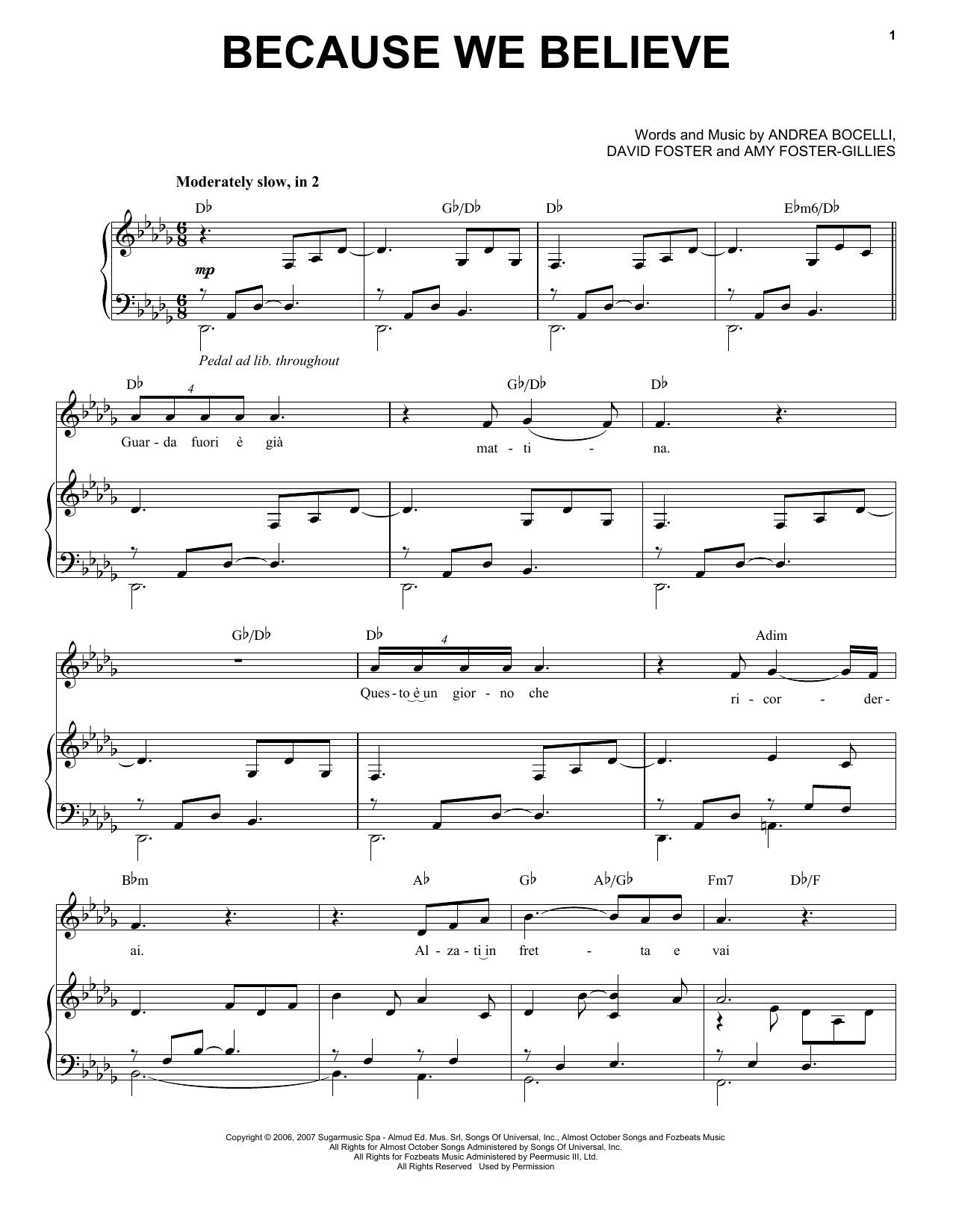 Andrea Bocelli Because We Believe sheet music notes and chords arranged for Piano & Vocal