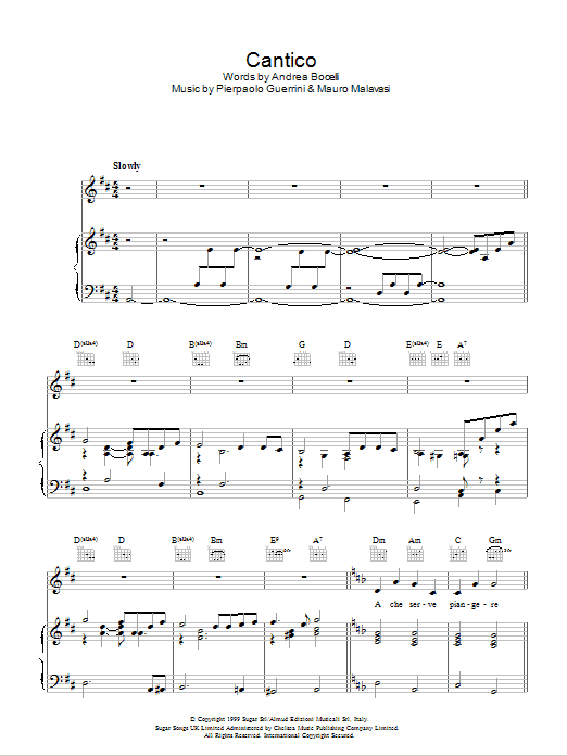 Andrea Bocelli Cantico sheet music notes and chords arranged for Piano, Vocal & Guitar Chords