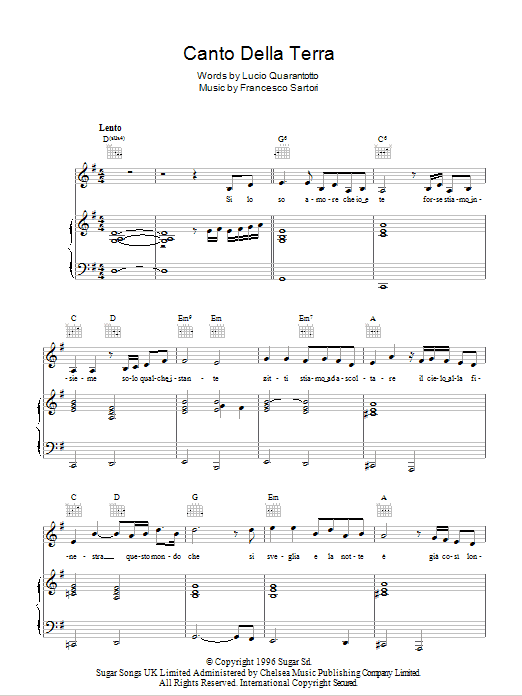 Andrea Bocelli Canto Della Terra sheet music notes and chords. Download Printable PDF.